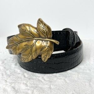 Talbots Belt Brass Leaf Buckle Black Alligator Embossed Genuine Leather Size M
